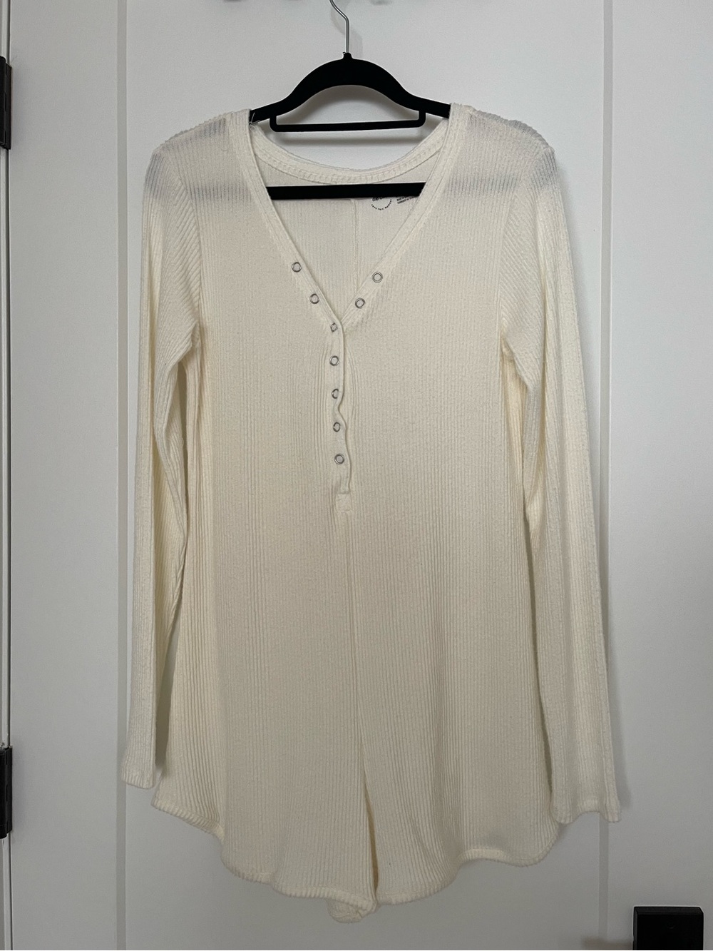 Aerie Cream Ribbed Henley Long-Sleeve Romper